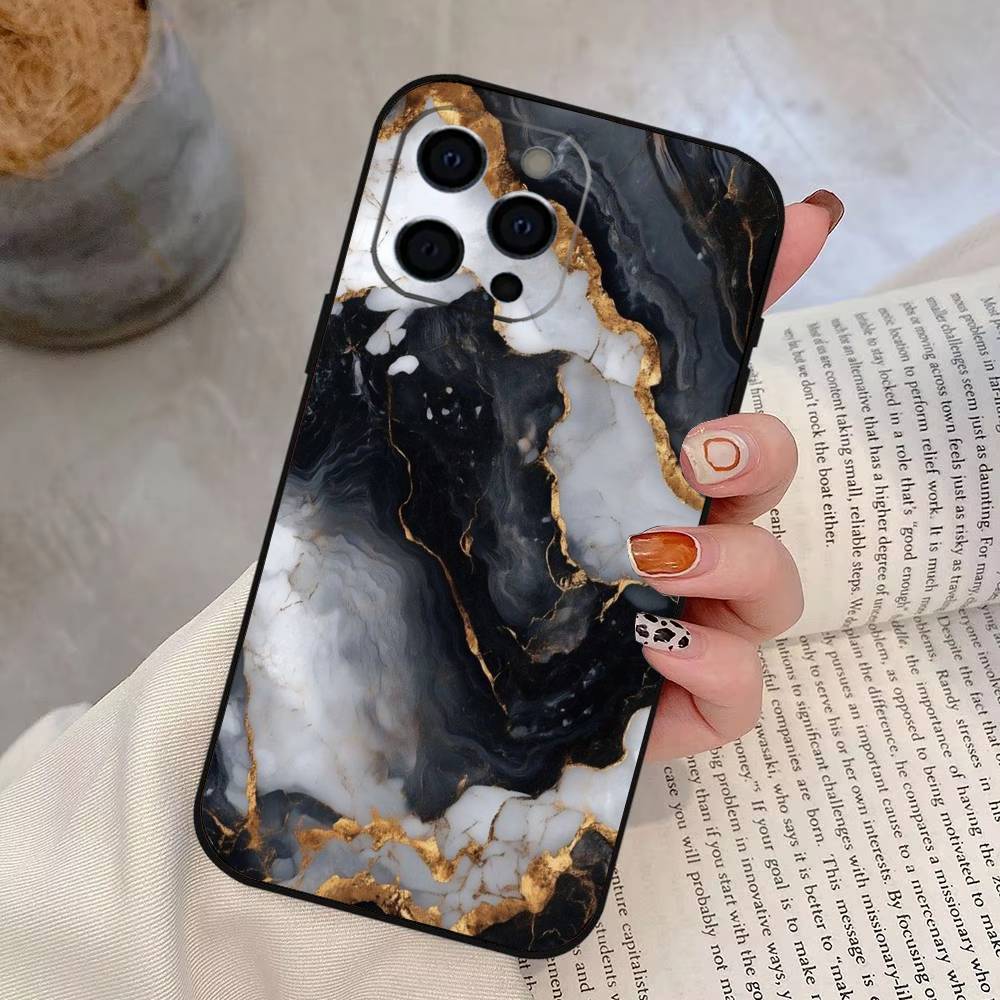 B-Black Gold Marble Art Phone Case Silicone Soft For IPhone 17 16 15 14 13 12 11 X XR Plus Pro Max Plus iPhone16e