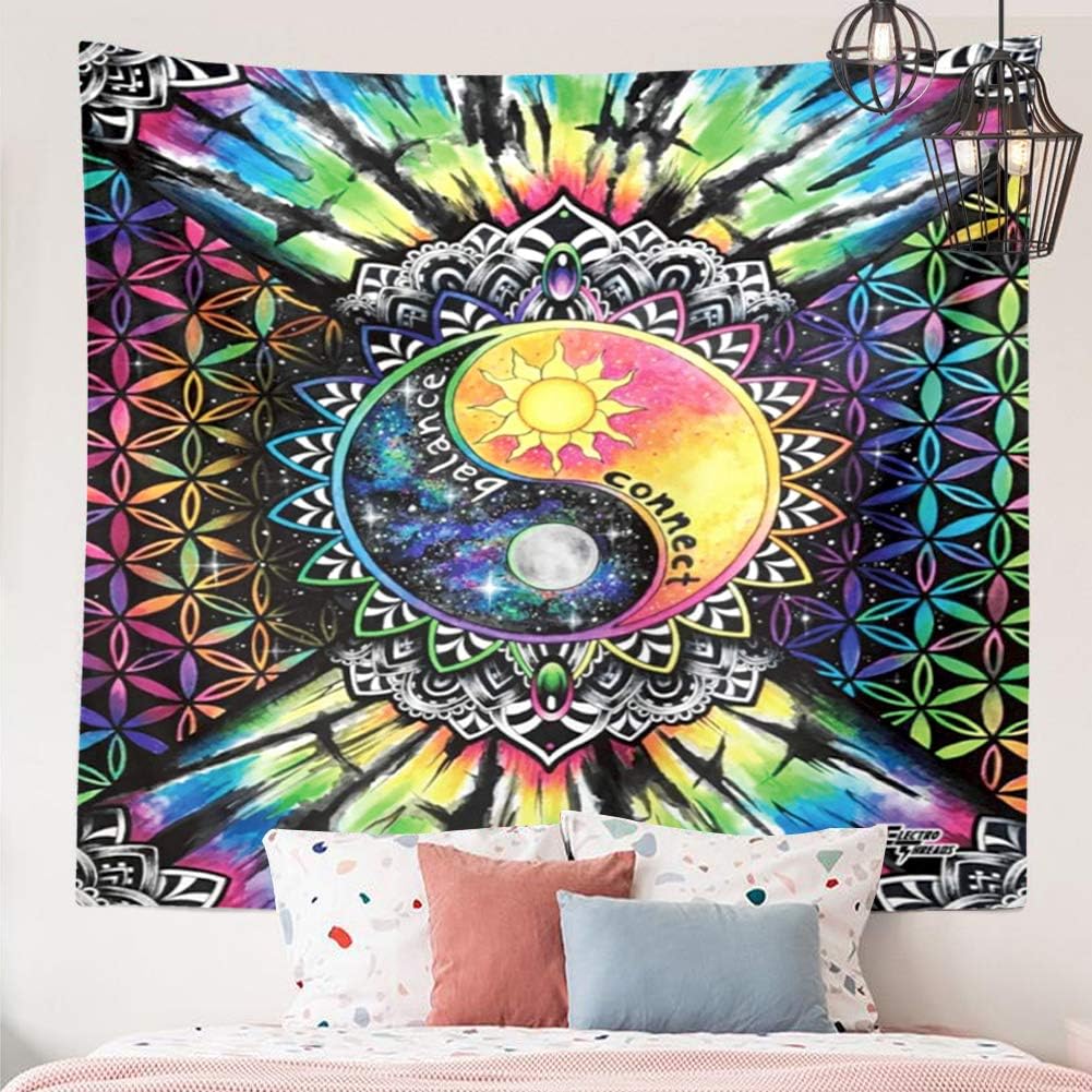 Yin Yang Balance Connect Tapestry Sun Moon Psychedelic Wall Hanging Decor Indian Mandala Bohemian Hippie Trippy Large Tapestry
