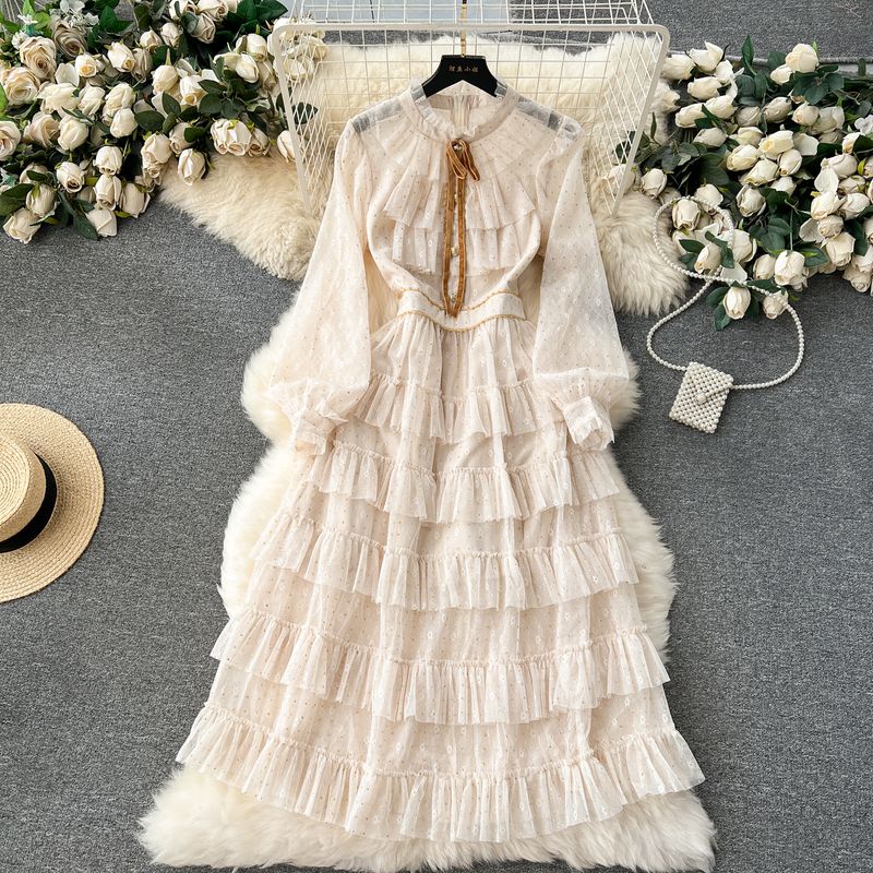 

Palace Style Mesh Princess Dress Heavy-Duty Pleated Dress Apricot color 2XL