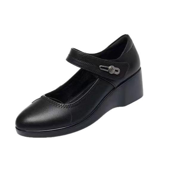 Spring and Autumn Middle-aged and Elderly Round Head Solid Color Grandma Single Shoes Light Mouth Comfortable and Lightweight Versatile Velcro Wedge