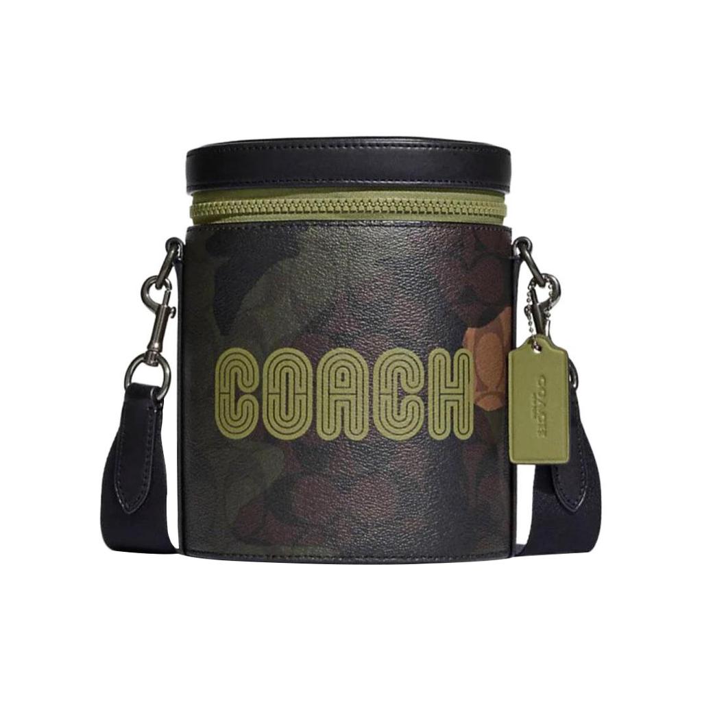 New COACH Barrel Coated Canvas With Smooth Calfskin Bucket Bags Shoulder Bag Crossbody Bag Mini Men's Olive Green CC024-QBUOX