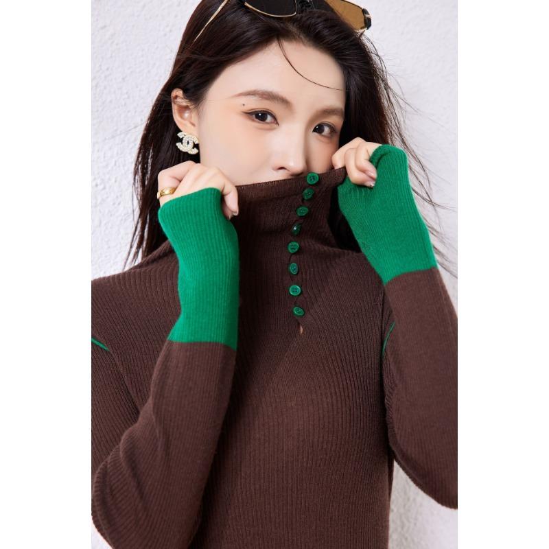 

Autumn new design contrasting color splicing turtleneck knitted sweater silk wool blended backing inner top 115 (90-57.5 kg) кавовий