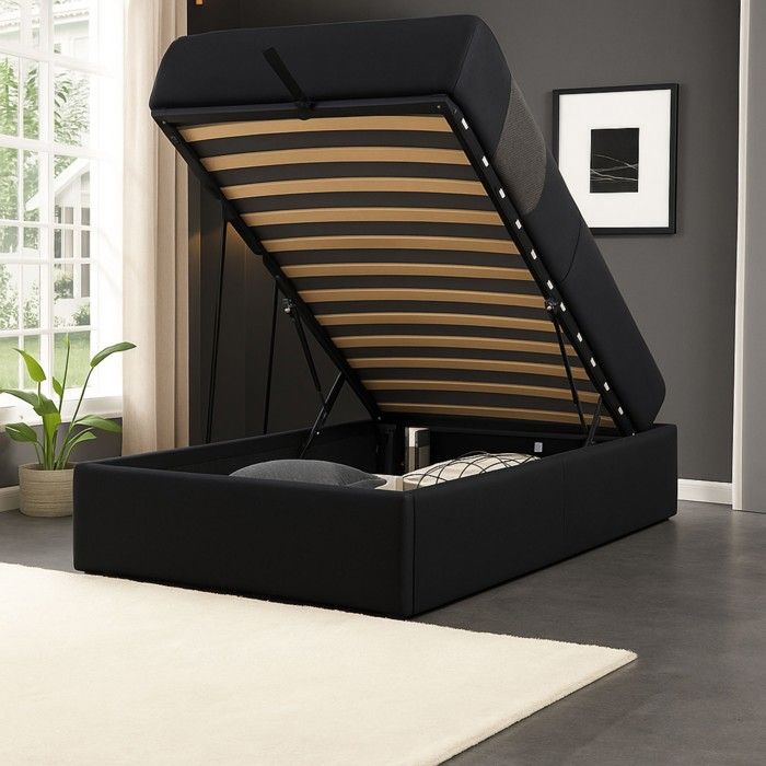 Lit Coffre Manon 90x190 cm Noir 12 Lattes Design Moderne - MANON NOIR
