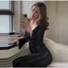 Knit Slim Round Neck Hollow Out Women Dress Summer Solid Soft Long Sleeves Lady Robe
