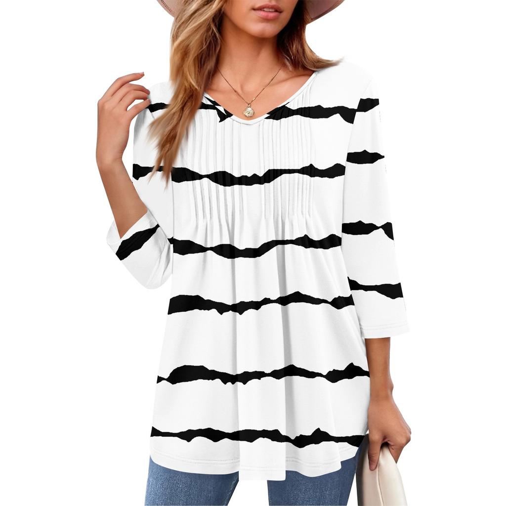 Damen Tops V-Ausschnitt Dreiviertelärmel Gestreift Plissee Casual Sommermode Shirt Tops