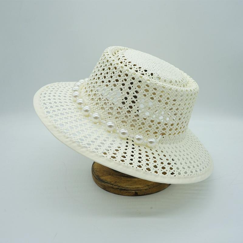 Foreign Trade Export Hand-Woven Black White Panama Flat Top Top Hat Women'S Summer Vacation Beach Straw Hat Travel