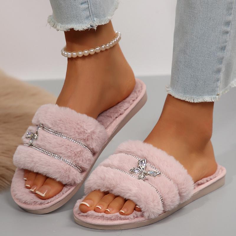 Metal Butterfly Decor Plush Slippers Women Indoor Home Open Toe Faux Fur Slides Woman Shiny Crystal Comfortable Fluffy Slippers
