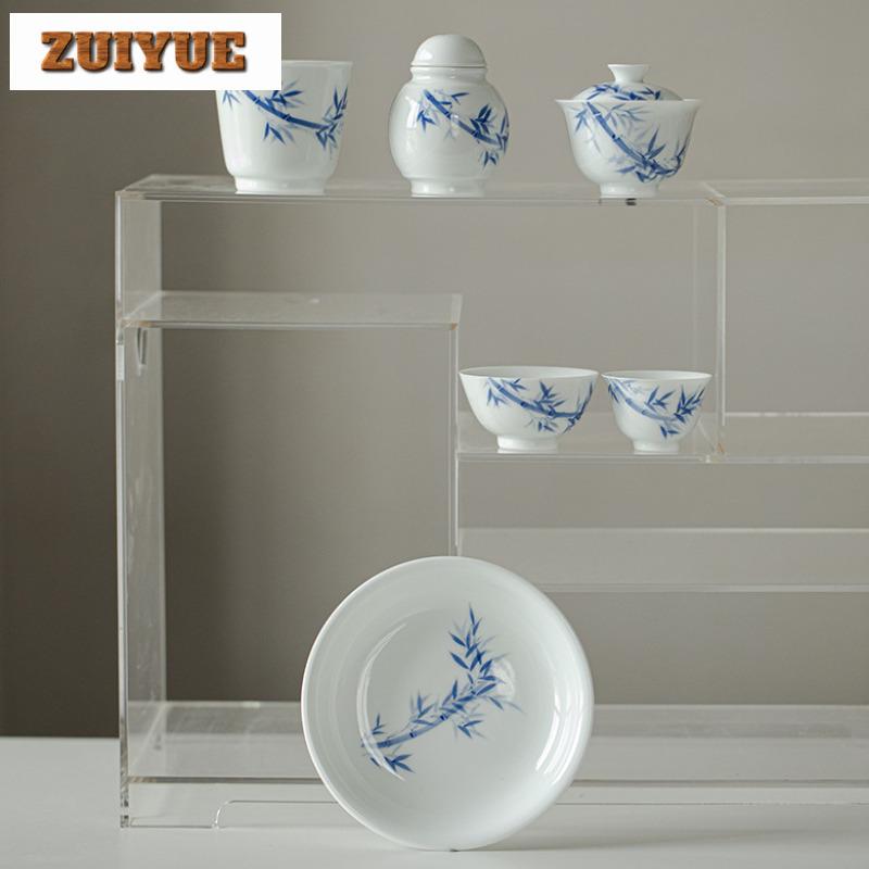 Hand-painted Bamboo Blue And White Tea Box Organizer Moisture-proof Elegant Storage Tank Containers Tea Caddy Tea Collection