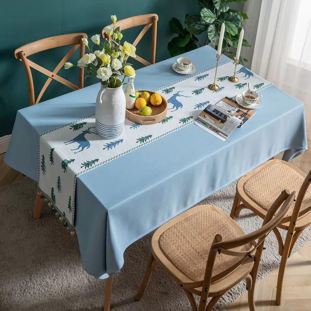 Embroidery Pattern Christmas Tree Elk Table Runner Stain-resistant with Tassel Ball Table Cloth Thickened Soft Table Cover