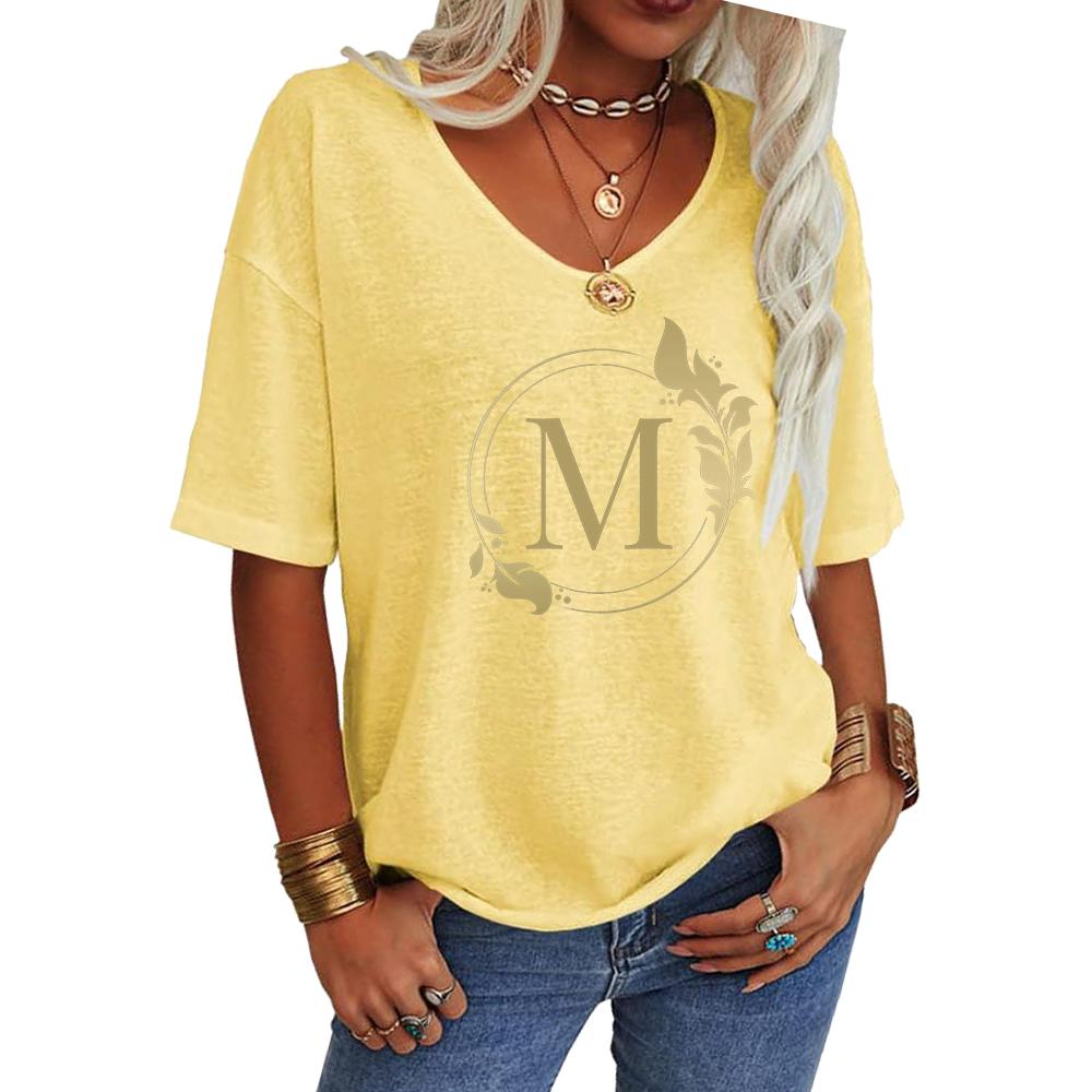 Women Fashion V Neck Tee Shirt Summer Casual Short Sleeve Top Loose Letter Print T-shirt