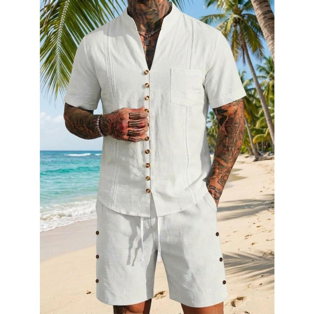 New Men’s Plain-coloured Vintage-style Casual Linen Short-sleeved Shirt and Shorts Set