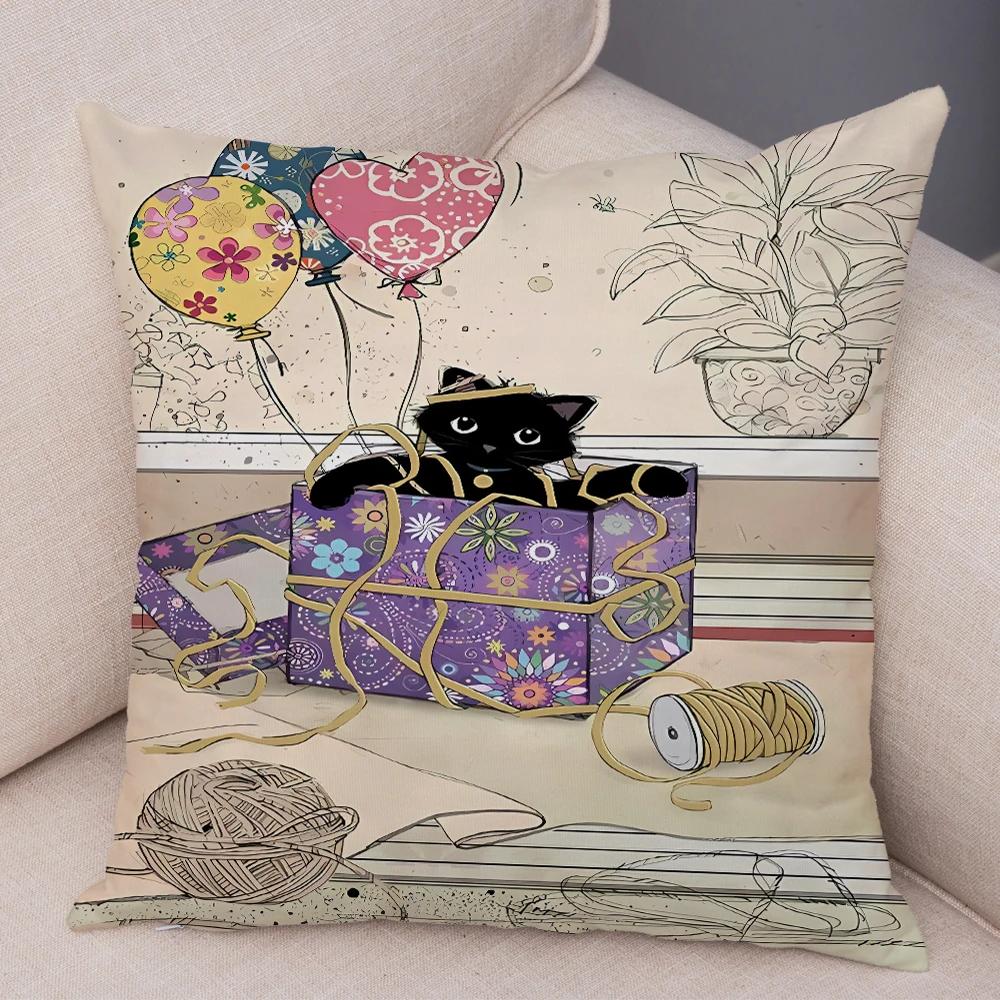 Double Print Cute Elegant Black Cat Cushion Cover Decor Cartoon Animal Pillow Case for Sofa Home Car Soft Plush Throw Pillowcase