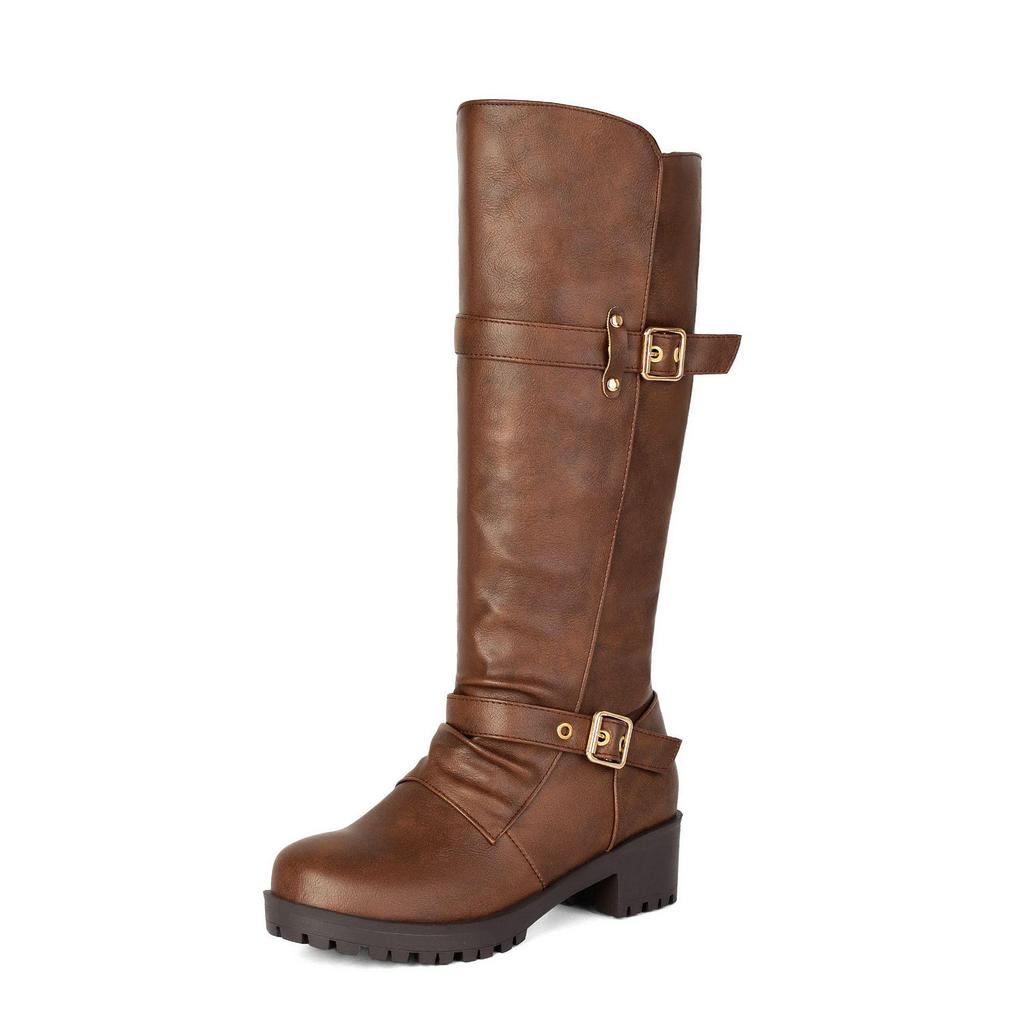 Women's Mid-Calf Buckle Strap Boots, Mid-Heel, Round-Toe, Thick Sole, Plus Size 35-45, Autumn/Winter 2026