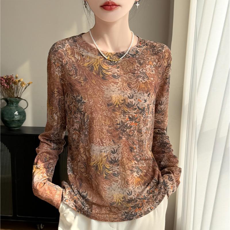 Spring and Summer New Style Round-neck Knit Sweater Long-Sleeve Women s Design-Printed Loose Base Layer Top Lightweight M