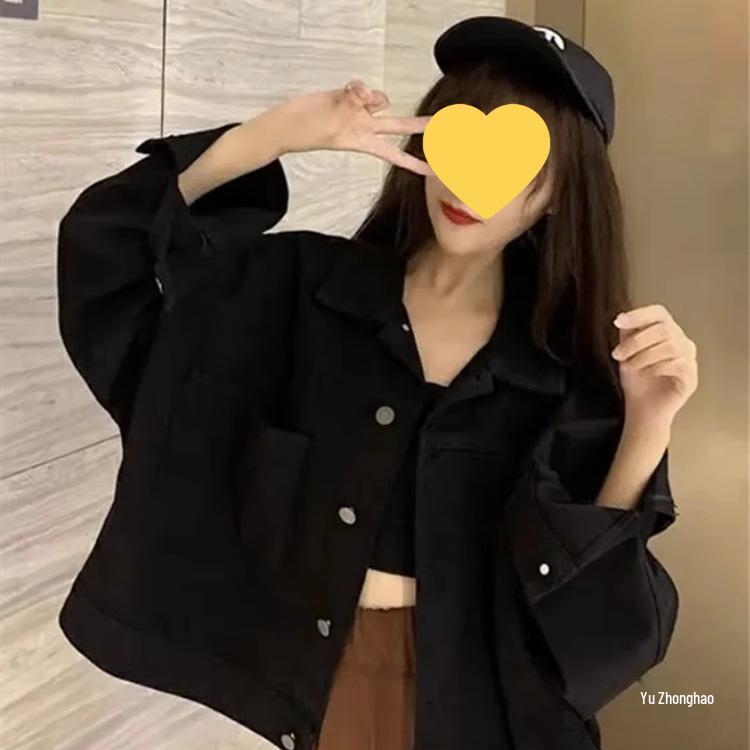Plus Size Retro Hong Kong Style Denim Jacket for Women - Spring/Summer Korean Loose Fit, Short Design (Fits 2-300 Jin)