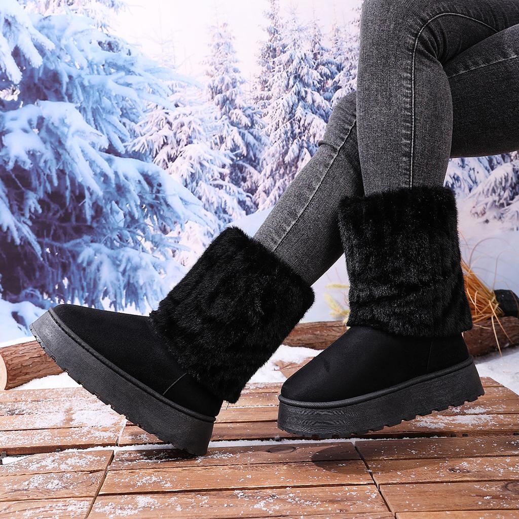 Women's Wide Width Mid-Calf Platform Snow Boots - Faux Fur Lined Winter Boots for Outdoor Wear, Thick Sole Cozy Boots