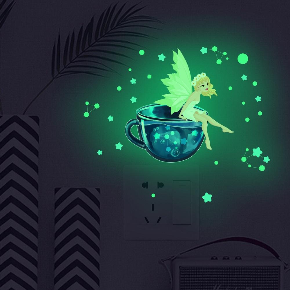 Luminous Fairy Sitting On The Cup Stickers Glow In The Dark Fluorescent Star Wall Decals For Girls Rooms Light Switch Home
