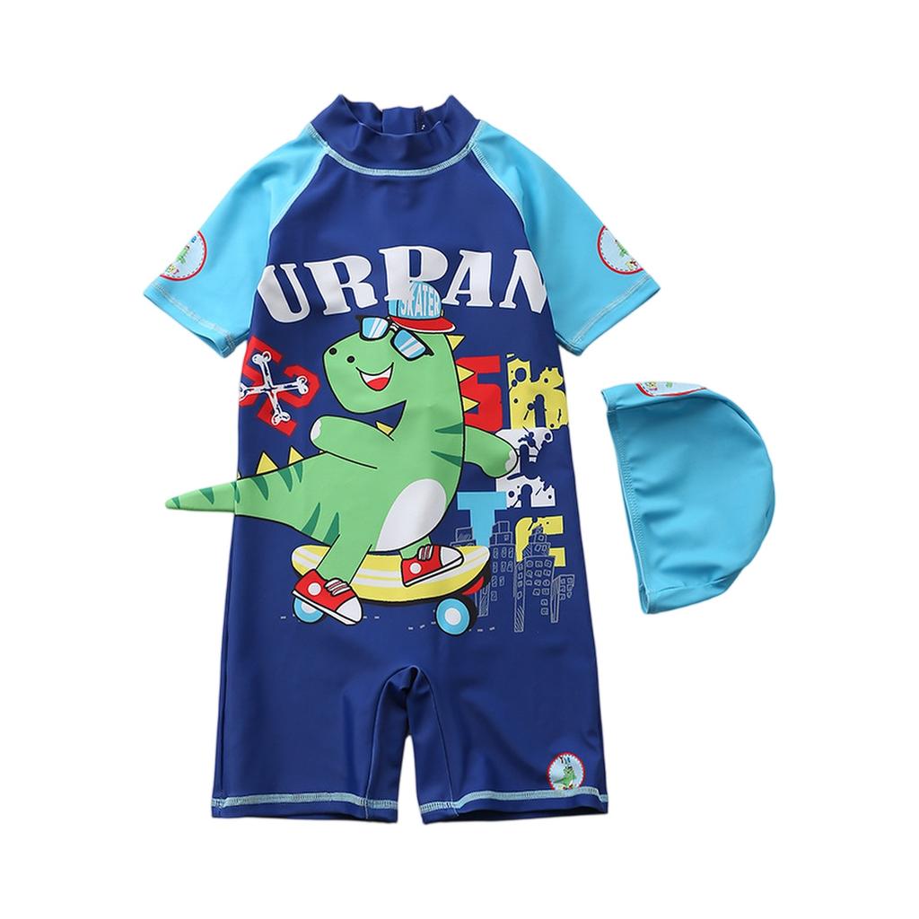 Boys Short Sleeve Hooded One-Piece Swimsuit Cartoon Dinosaur Print Beach Swimwear Summer Kids Swim Shirt with Matching Swim Cap