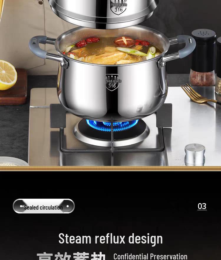 316 Stainless Steel Rivetless Stew Pot with Two-Layer Silicone, Large Capacity for Steaming and Simmering.
