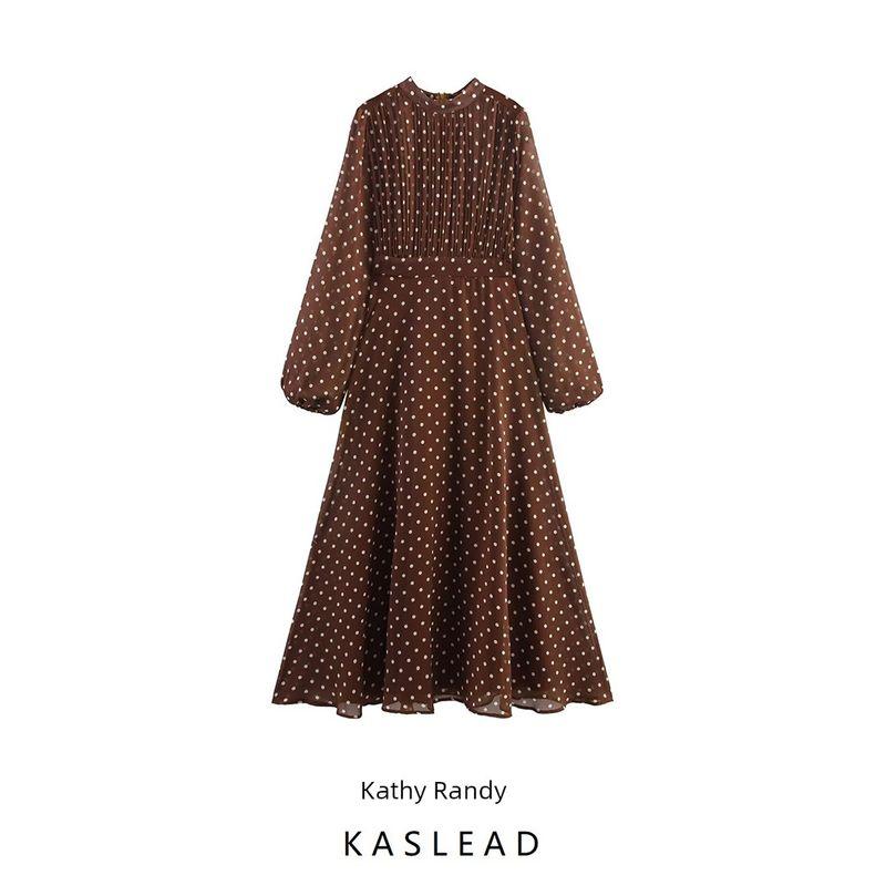 Kaslead New Women Clothes Western Style Simple Retro Style Polka Dot Lantern Sleeve Long Sleeve Dress