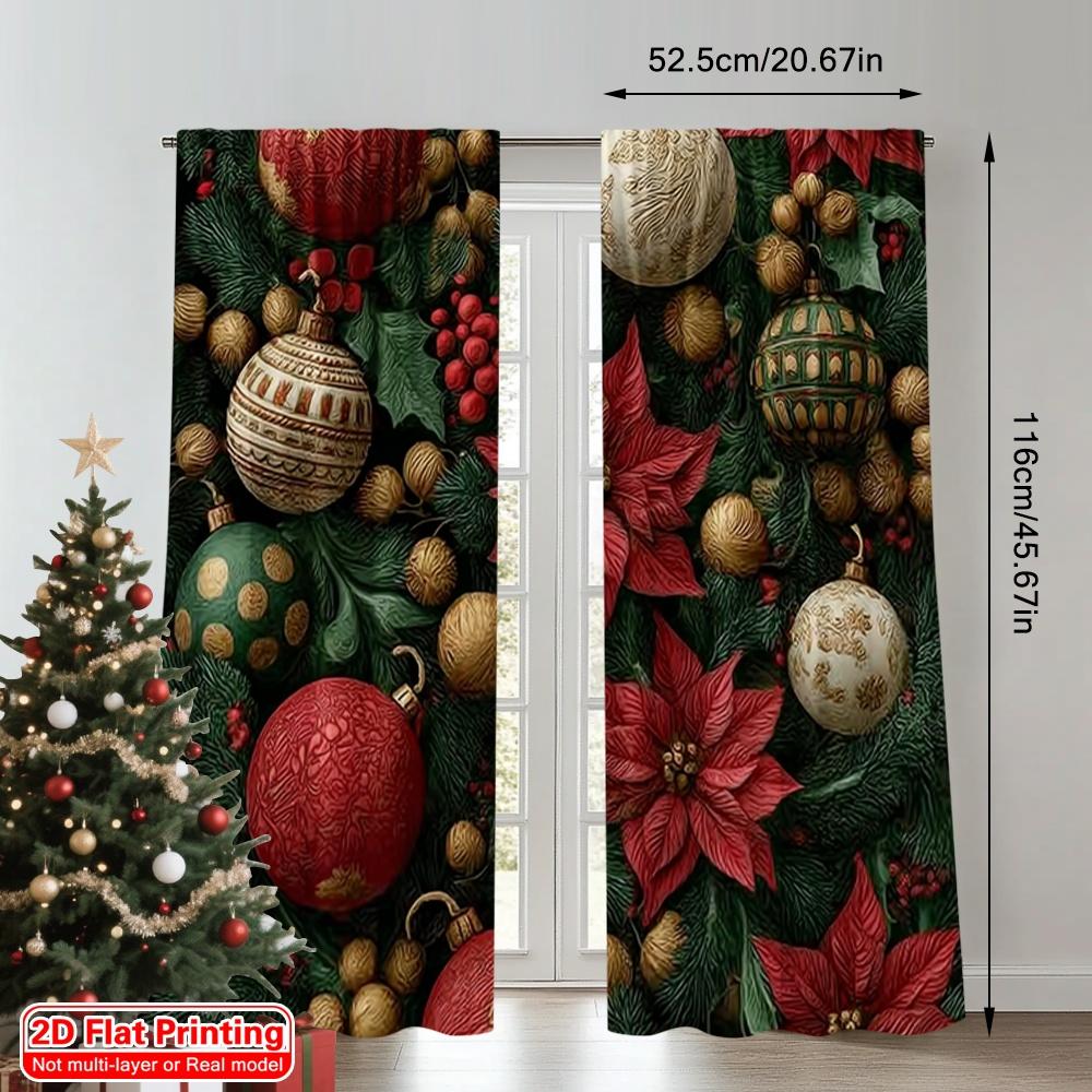 Set Of 2 Flat Printing Fashionable Christmas Curtains Decorations Pine Branch Elements Durable Polyester Fiber Birthday Curtain