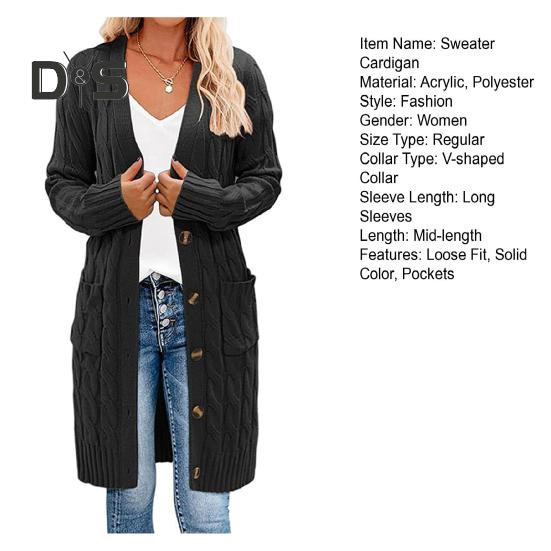 Women Sweater Cardigan V-neck Long Sleeve Twist Texture Knitting Tops with Pockets Solid Color Button-Up Knitting Jacket