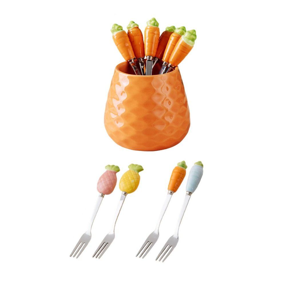 Ins Style Dessert Forks with Storage Jar Pineapple Carrot Ceramic Fruit Forks Receipt Jar Gift