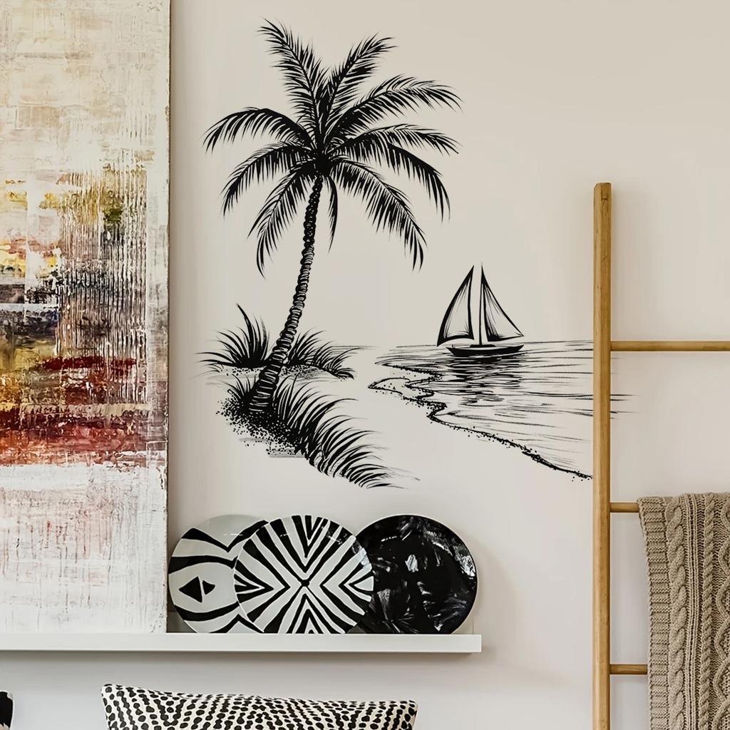 Minimalistische Schwarz-Weiß Kokospalme Segelboot Wandaufkleber, Innenwanddekorationsaufkleber