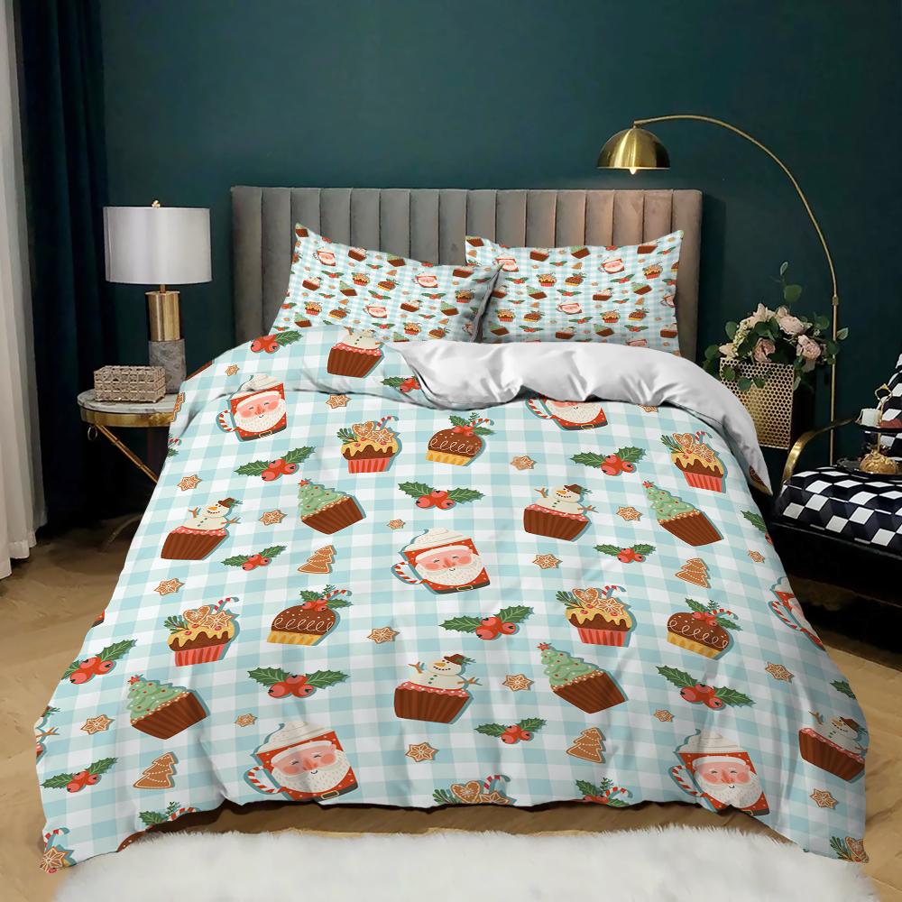 Pink Christmas Duvet Cover Snowman Pine Printed Cartoon Santa Claus Bedclothes for Girls Kids Women Teens Happy New Year Queen