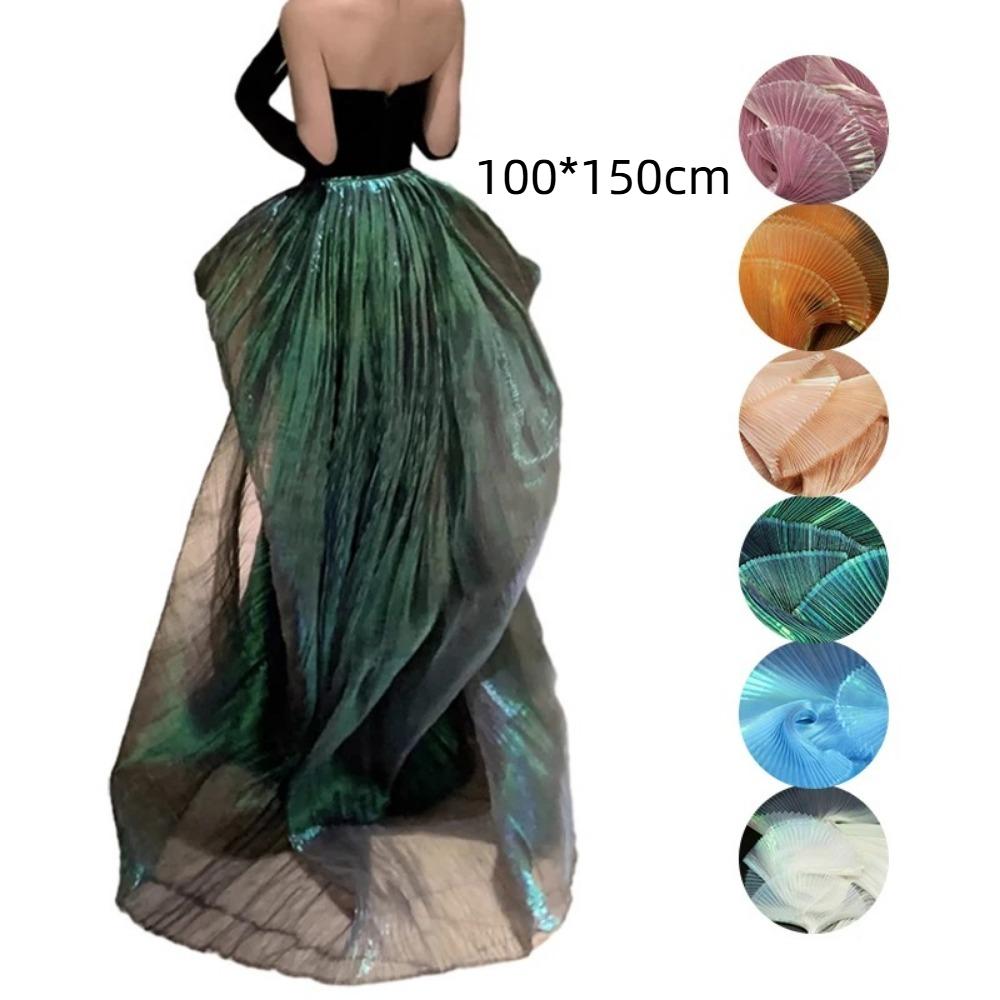 Creative Shiny Pleated Organza Fabric Rainbow Mermaid 100*150cm Cloth Fabric Handmade DIY Material Apparels Accessories