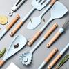 Blue Silicone Cooking Utensils Set Non-Stick Spatula Soup Spoon Eggbeater Food Clip Natural Wood Handle with Storage Box Kitchen Tools