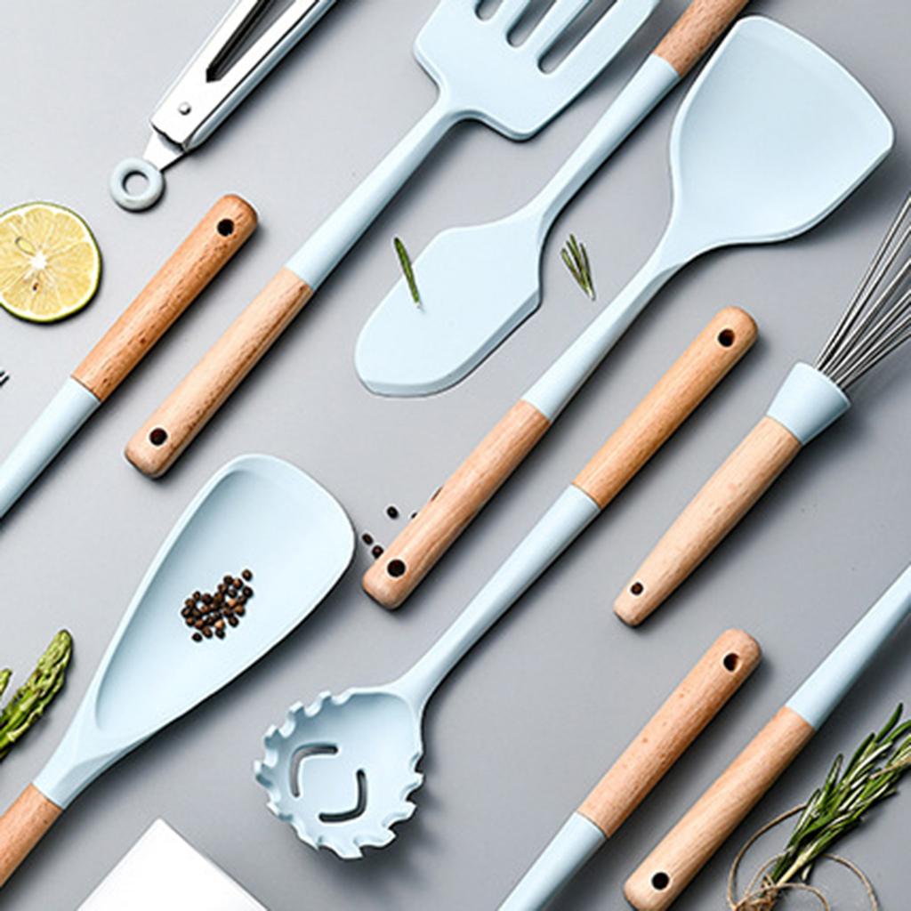 Blue Silicone Cooking Utensils Set Non-Stick Spatula Soup Spoon Eggbeater Food Clip Natural Wood Handle with Storage Box Kitchen Tools
