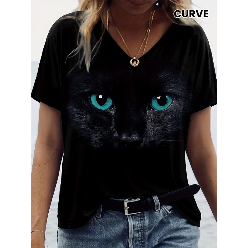 Women s T-Shirt Black Cat Short Sleeve Daily Weekend Basic V-Neck Regular Fit Suitable for Cat Painting S