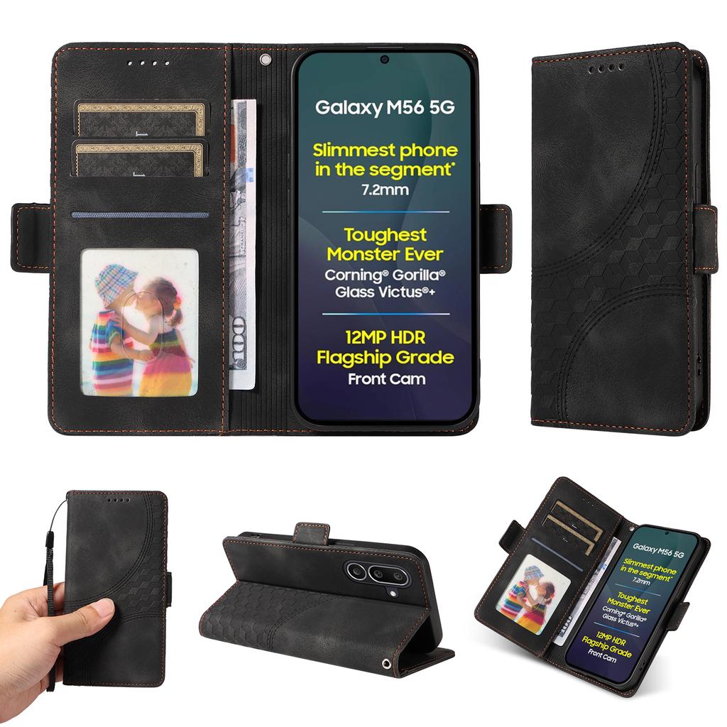 For Samsung Galaxy M56 5G Leather Cases Wallet Rhombus Imprinted Phone Cover Stand with Strap