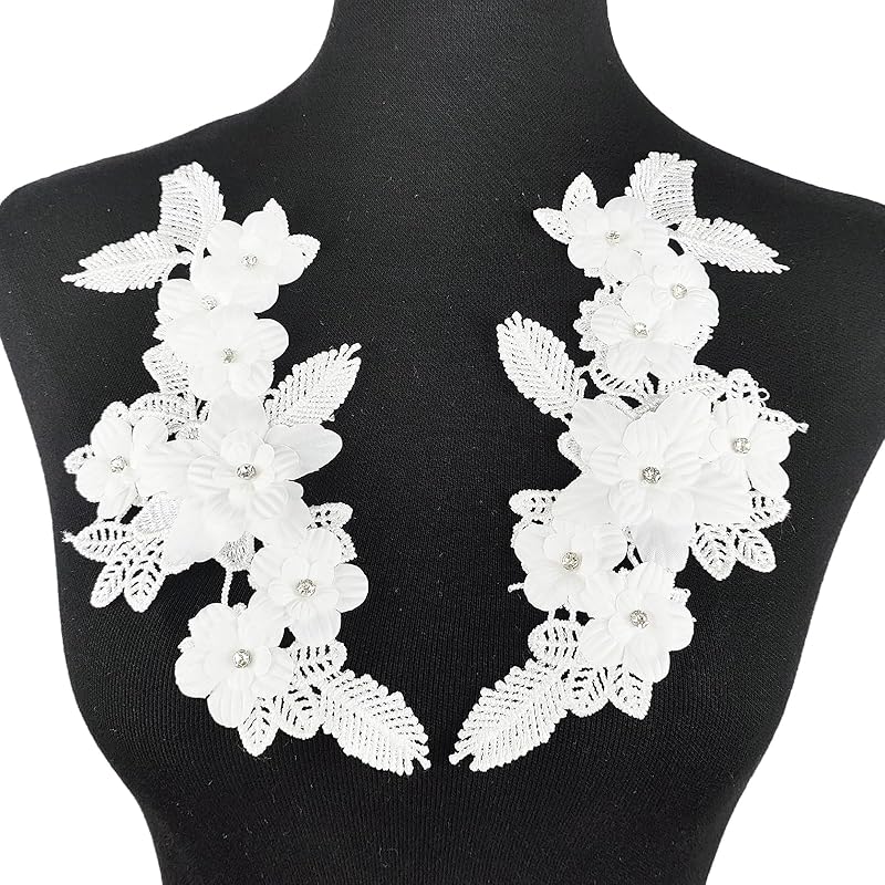 1 Pair Lace Flower Applique Beaded Rhinestones Sew On Embroidered Patches Applique Décor for Wedding Dress DIY Sewing Craft Decoration, Black 9.2 x