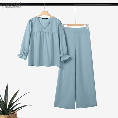 Women 3/4 Sleeve Blouse and Pants Casual Two Piece Suit Sets