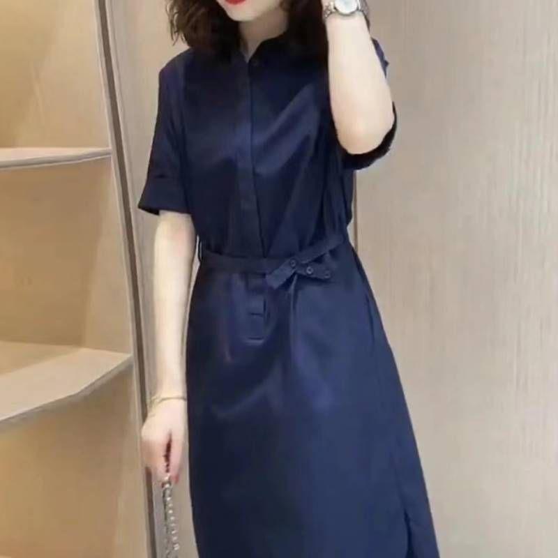 

Европейские товары Летнее поступление Шнуровка Облегающее талию Платье в стиле офисной леди Женское 2024 Мода Минималистичное Широкое платье-рубашка Платье средней длины Navy blue 2XL