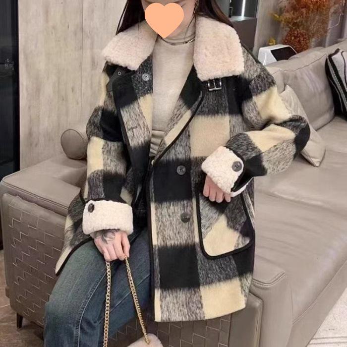 Thickened Plaid Patchwork Wool Coat - Korean Style Slimming Plus Size Winter Overcoat 2025 2XL