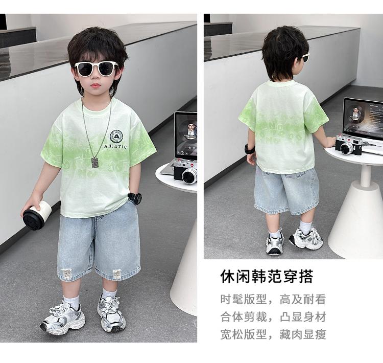 Boys' loose short sleeved summer outfit children's set 2026 new style baby Korean style handsome ripped jeans two-piece set