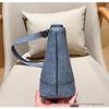 MLB25 Korea Denim Patchwork Bucket Handbag with Adjustable Shoulder Strap for Men and Women