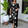 Oversized Women Half Sleeve Polka Dots Print Slim Waist Casual Loose Maxi Long Dress