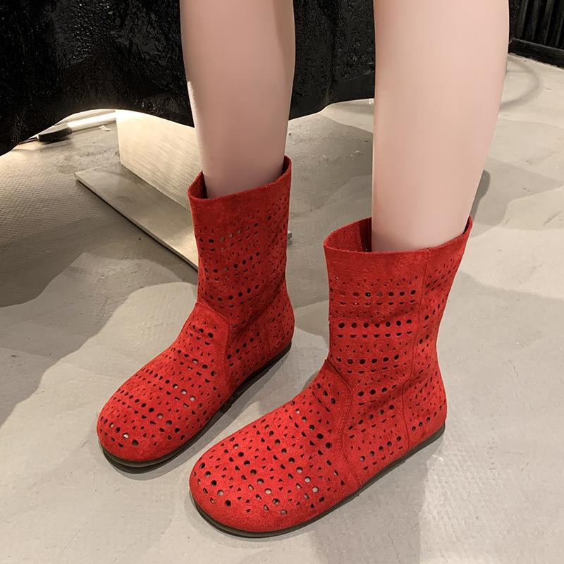 2025 spring and summer new sandals leather hole middle boots medium heel thick heel large size women's boots hollow cool boots