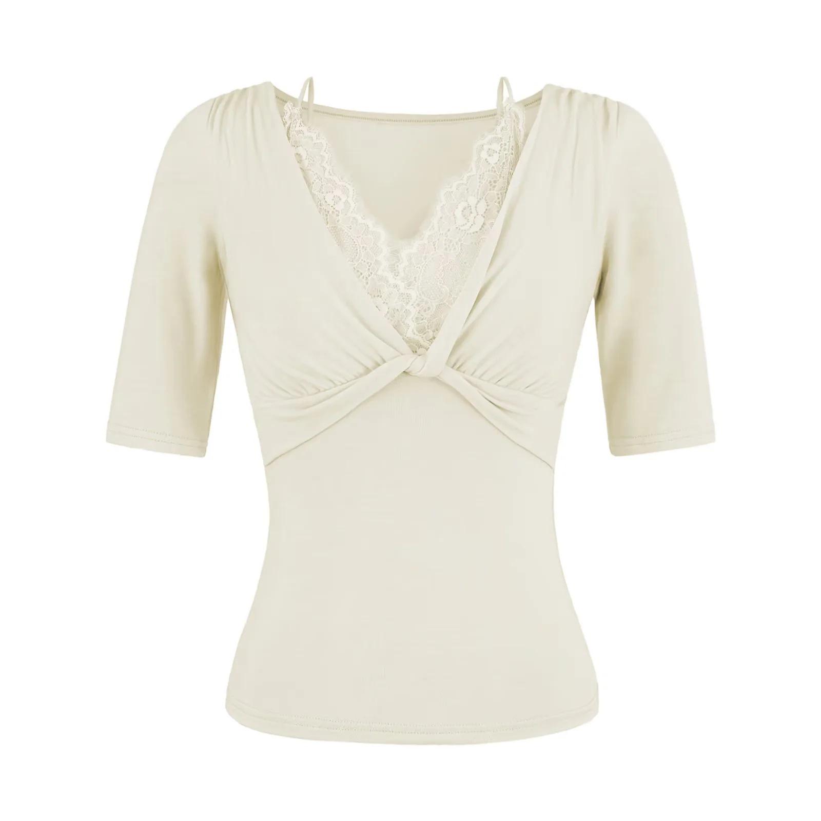 

2026 Sexy Slim-Fit V-Neck Lace Patchwork Mid-Sleeve Women s T-shirt Small