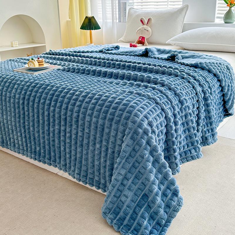 Faux Fur Rabbit Hair Plaid Striped Sofa and Nap Blanket