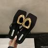Fashion 2025 new flat bottomed casual square toe flip flops with clipped toes Small niche metal square buckle fashionable women's shoes