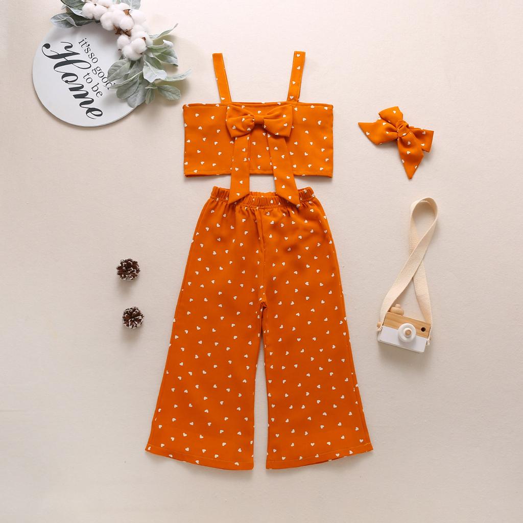 Toddler Kids Baby Girls Love Print Bow Suspender Vest Pants Outfits Set