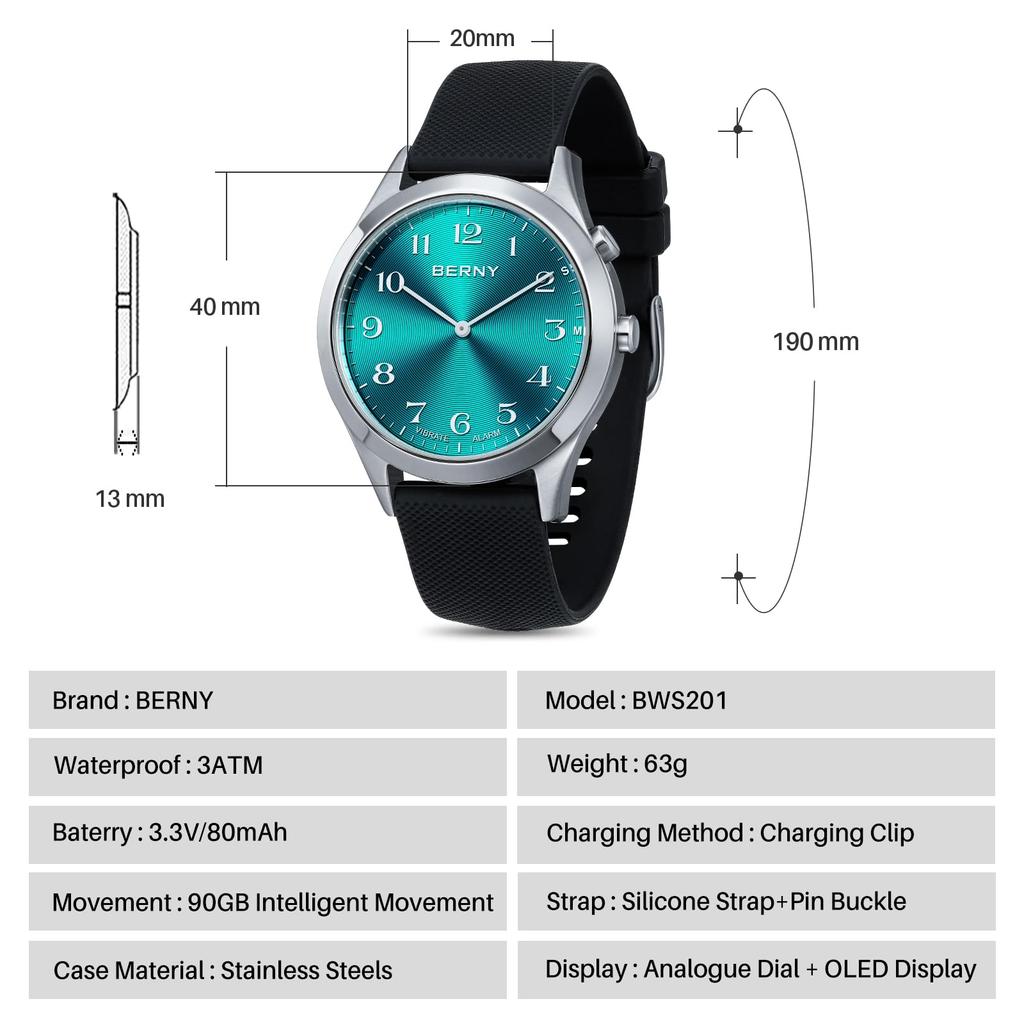 BERNY Vibration Hidden OLED Vibration Configurable Specially Designed for Elderly and Hearing Impaired People Water Resistant to 3 Blue Watch, Watch,