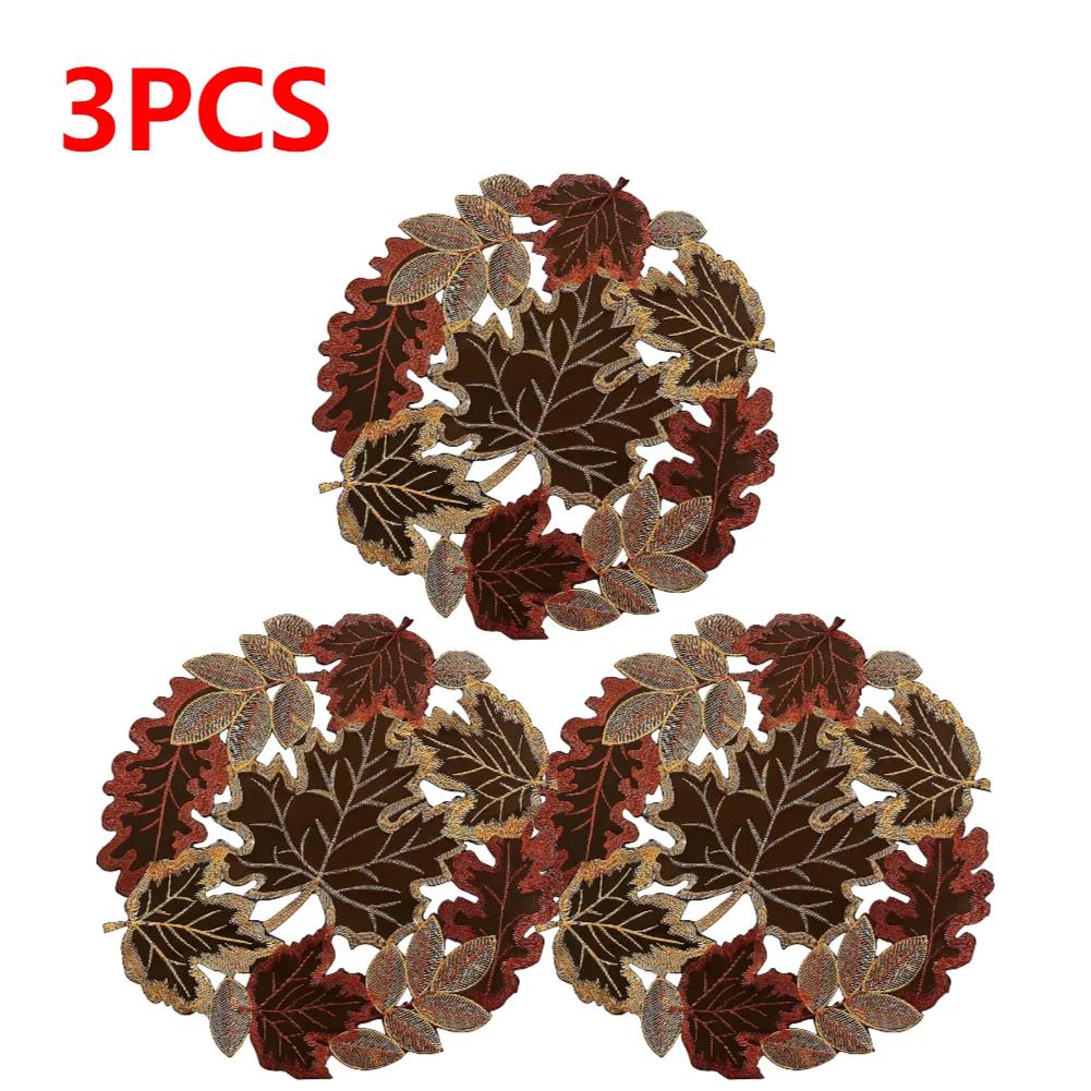 1-5pcs Embroidered Thanksgiving Placemat W/ Lace Maple Leaf Pattern Table Mat Round Fall Table Mat for Home Party Decor 35x35cm