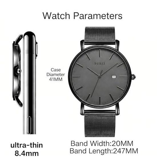 BUREI Mens Watch Simple Waterproof Analog Popular Wristwatch Brand Stylish Milanese Mesh Belt (Dark Gray)