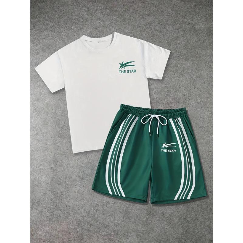 Men s letter print T-shirt + drawstring waist shorts set S